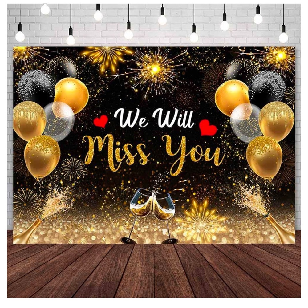 We Will Miss You Backdrop, 5 x 7,Black Gold Glitter Balloon